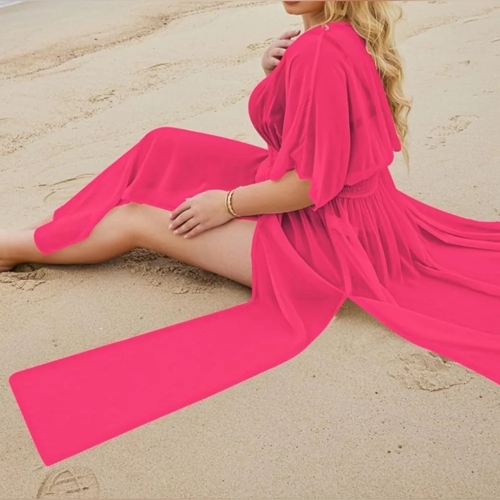 IN'VOLAND Womens Swimsuit Bikini Cover Deep V Neck Long Split Kaftan Kimono, 18W